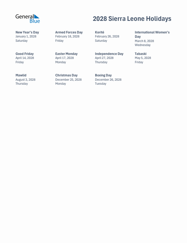 Free printable list of Sierra Leone holidays for year 2028