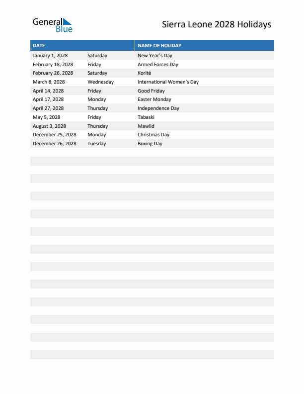 Free printable list of Sierra Leone holidays for year 2028