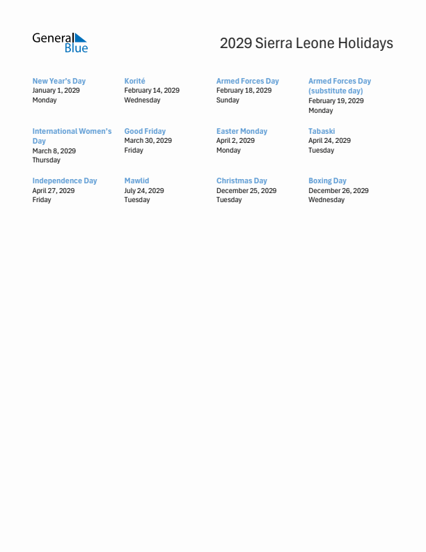 Free printable list of Sierra Leone holidays for year 2029