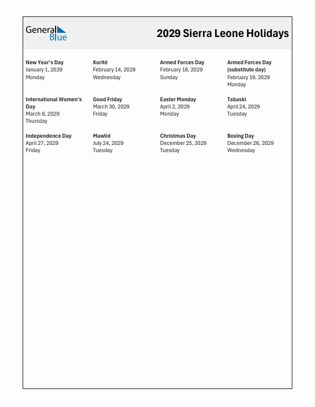 Free printable list of Sierra Leone holidays for year 2029