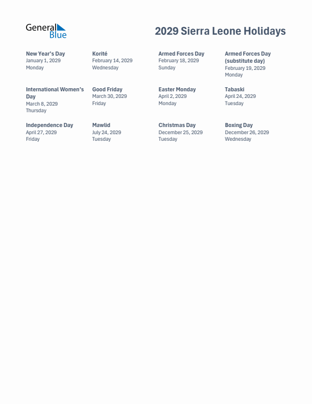 Free printable list of Sierra Leone holidays for year 2029