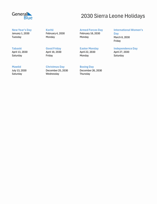 Free printable list of Sierra Leone holidays for year 2030