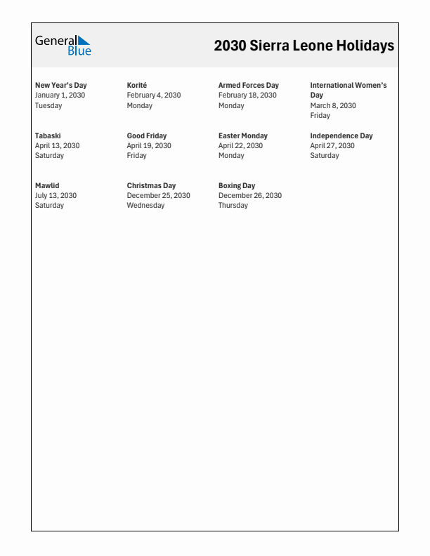 Free printable list of Sierra Leone holidays for year 2030