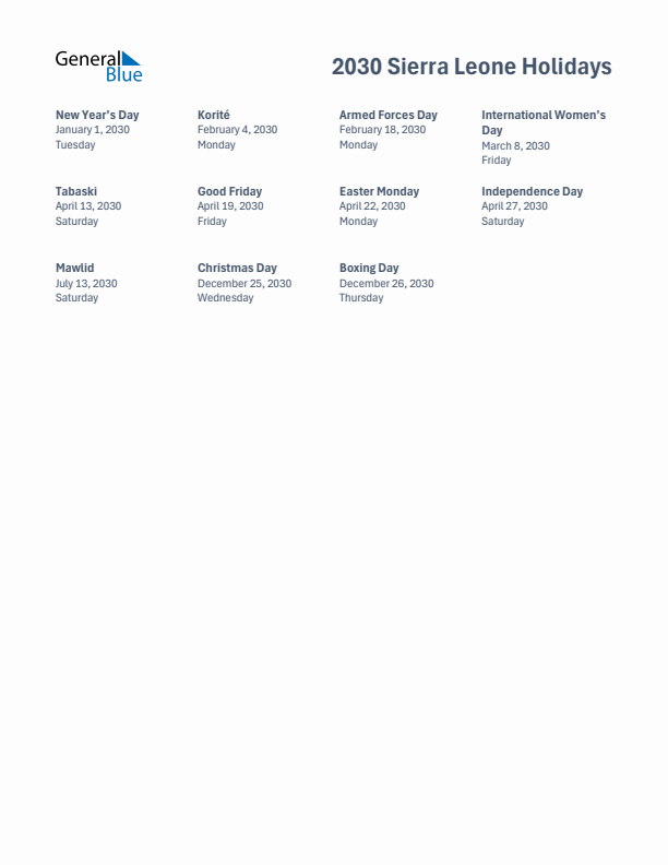 Free printable list of Sierra Leone holidays for year 2030