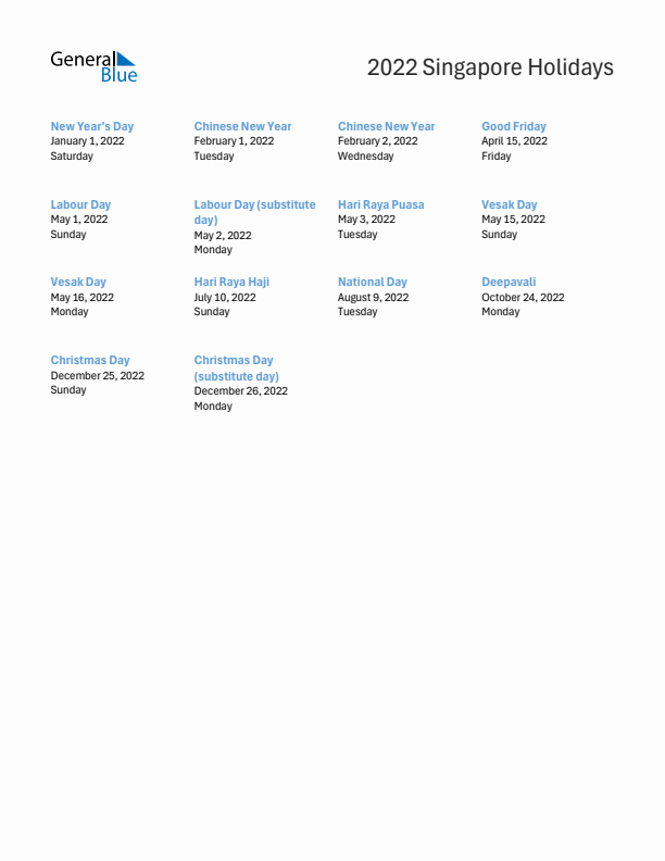 2022 Singapore List of Holidays in PDF, Word, and Excel