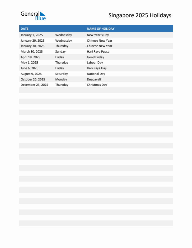 2025 Singapore List of Holidays in PDF, Word, and Excel