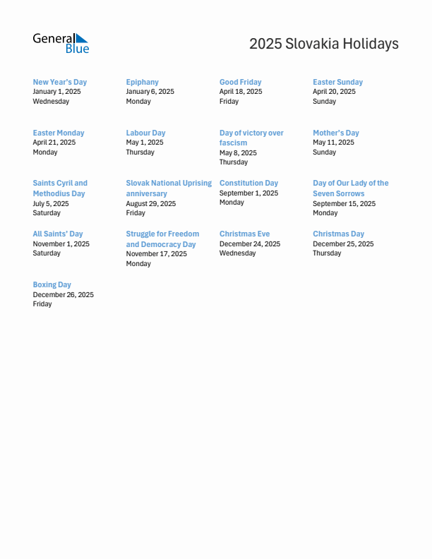 Free printable list of Slovakia holidays for year 2025