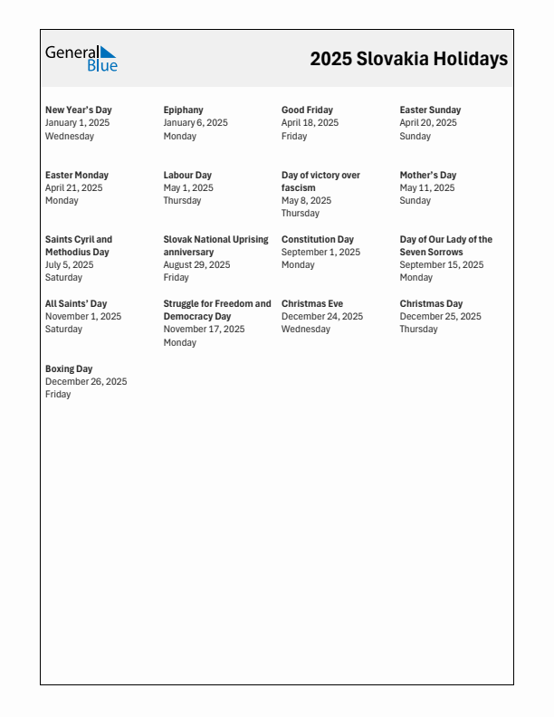 Free printable list of Slovakia holidays for year 2025