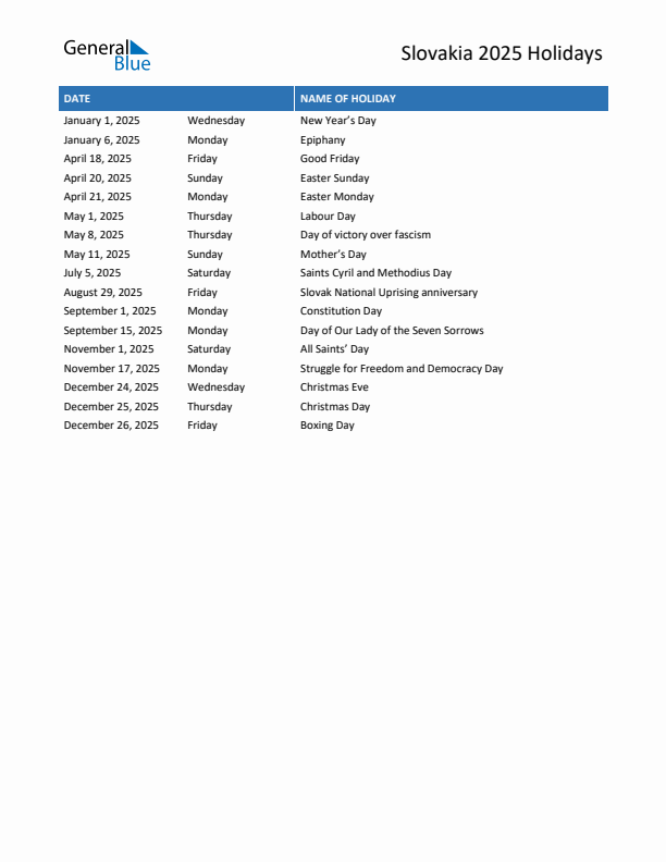 Free printable list of Slovakia holidays for year 2025