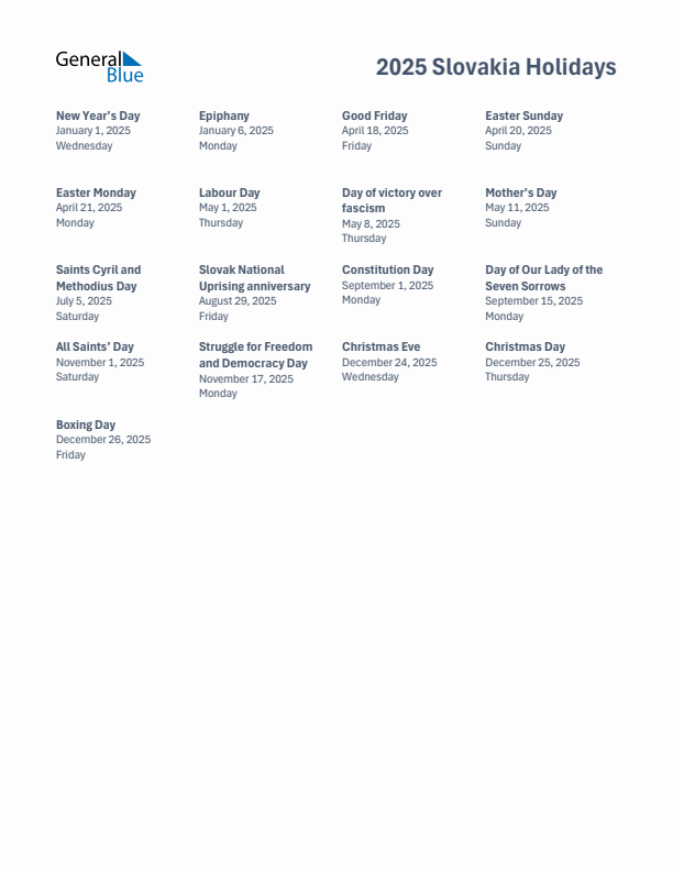 Free printable list of Slovakia holidays for year 2025