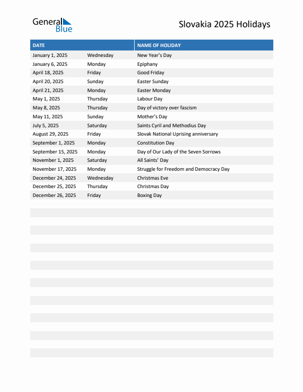 Free printable list of Slovakia holidays for year 2025