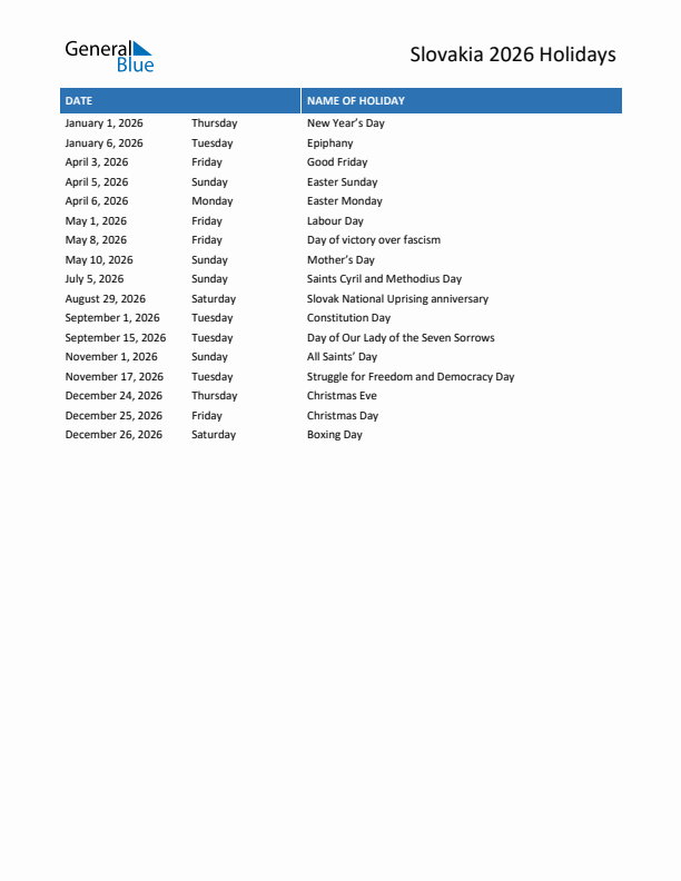 Free printable list of Slovakia holidays for year 2026