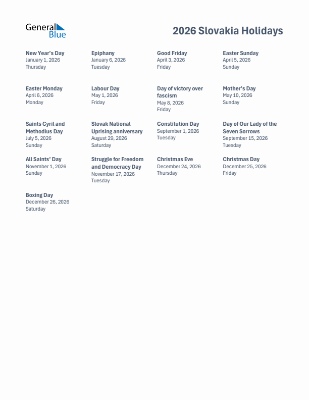 Free printable list of Slovakia holidays for year 2026