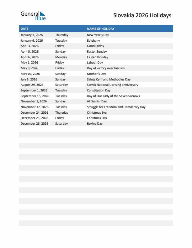 Free printable list of Slovakia holidays for year 2026
