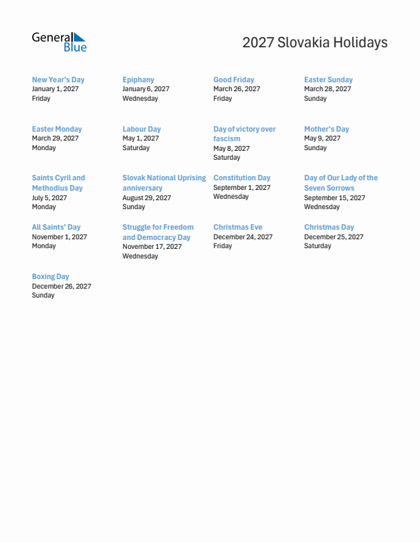 Free printable list of Slovakia holidays for year 2027