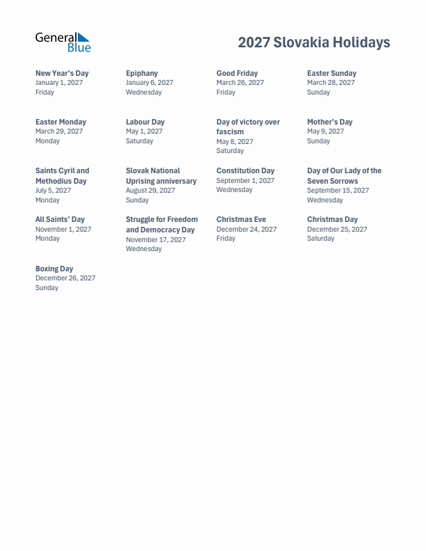 Free printable list of Slovakia holidays for year 2027