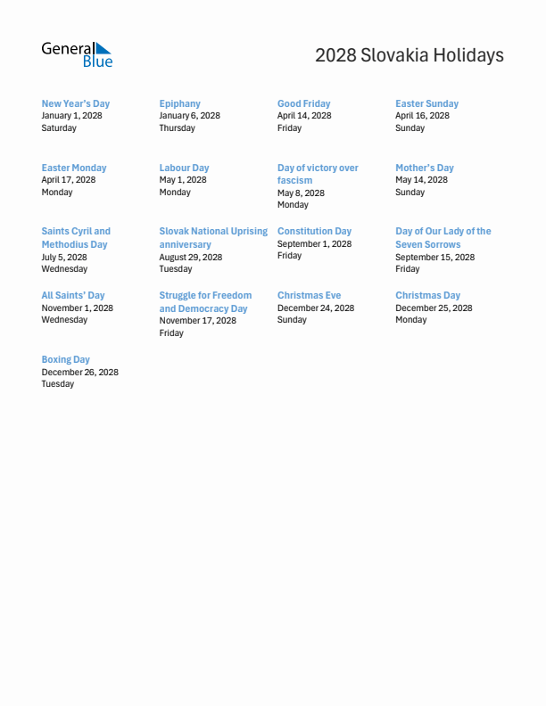Free printable list of Slovakia holidays for year 2028