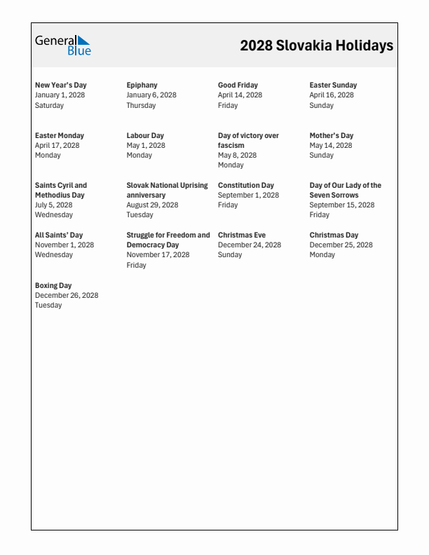 Free printable list of Slovakia holidays for year 2028