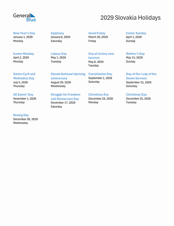 Free printable list of Slovakia holidays for year 2029