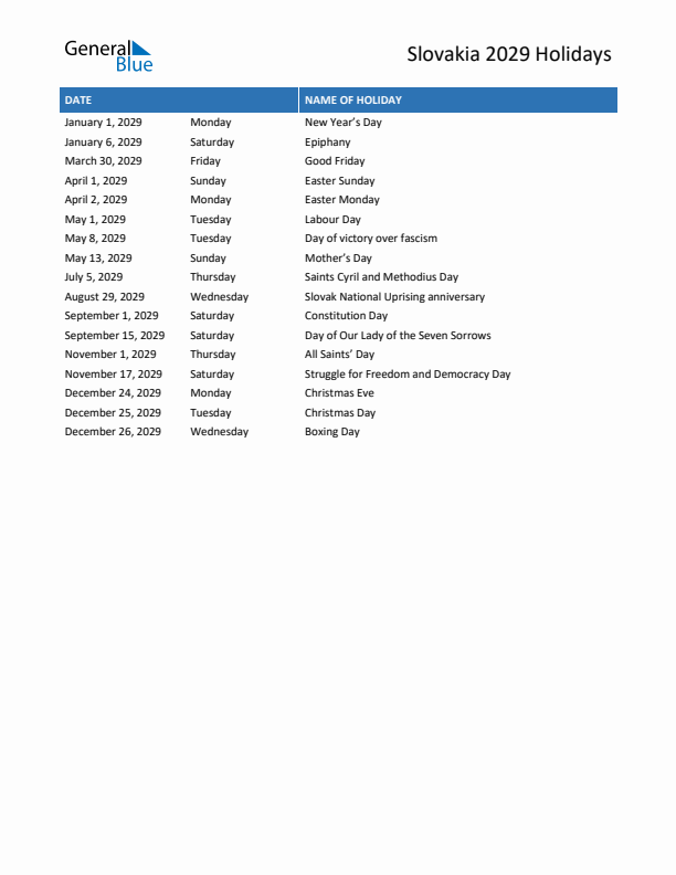 Free printable list of Slovakia holidays for year 2029