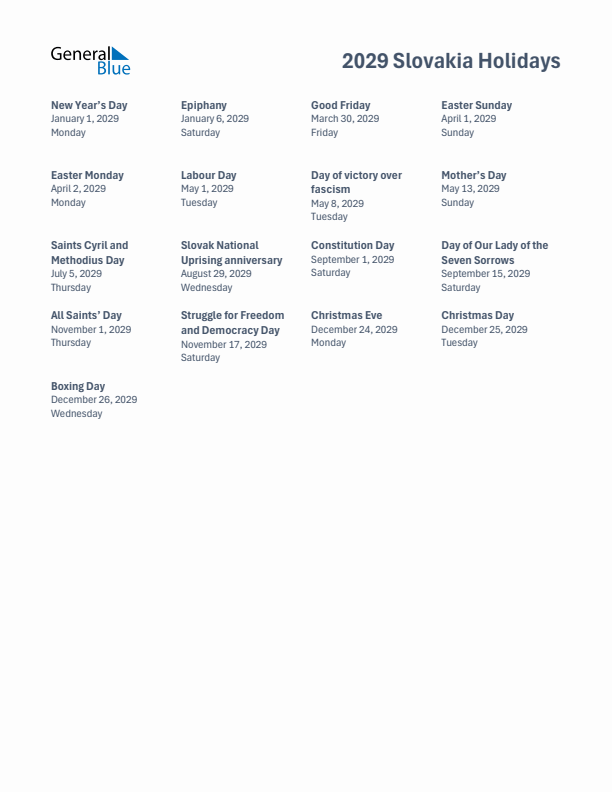 Free printable list of Slovakia holidays for year 2029