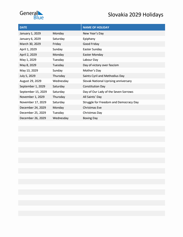 Free printable list of Slovakia holidays for year 2029