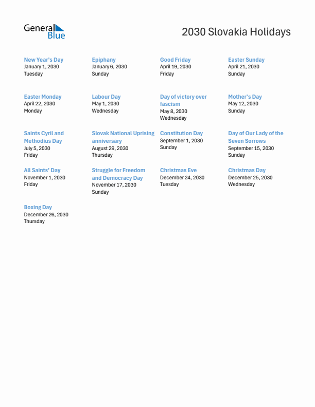 Free printable list of Slovakia holidays for year 2030