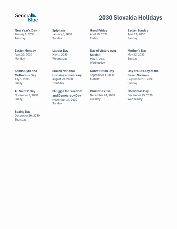 Free printable list of Slovakia holidays for year 2030