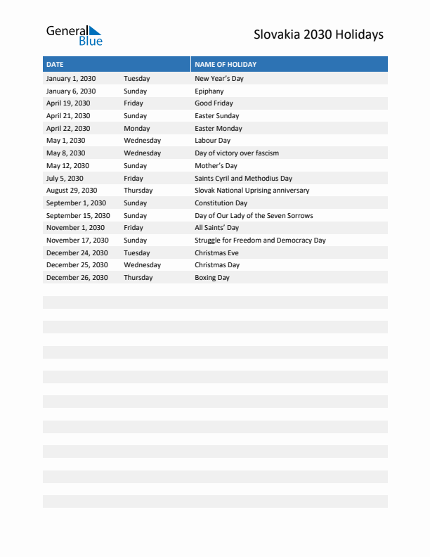 Free printable list of Slovakia holidays for year 2030