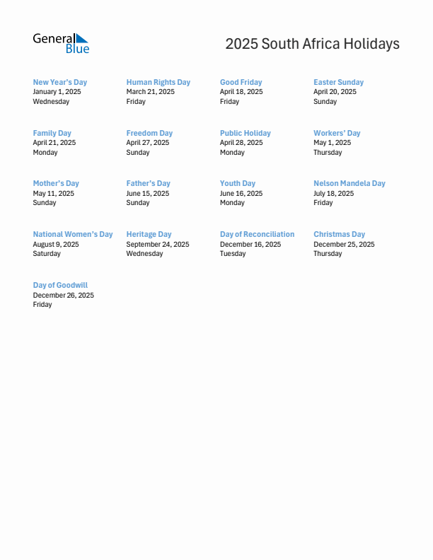2025 South Africa List of Holidays in PDF, Word, and Excel