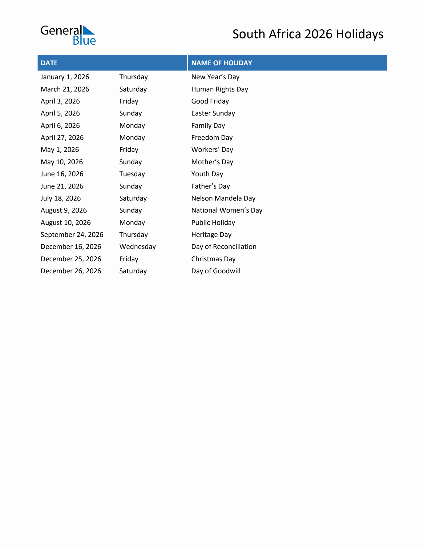 2026 South Africa List of Holidays in PDF, Word, and Excel 2026 South Africa List of Holidays in PDF, Word, and Excel