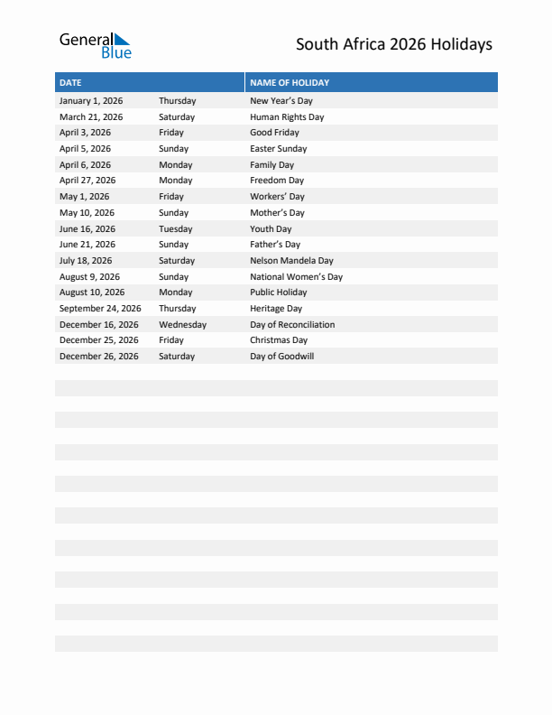 2026 South Africa List Of Holidays In PDF Word And Excel