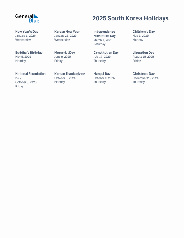 2025 South Korea List of Holidays in PDF, Word, and Excel