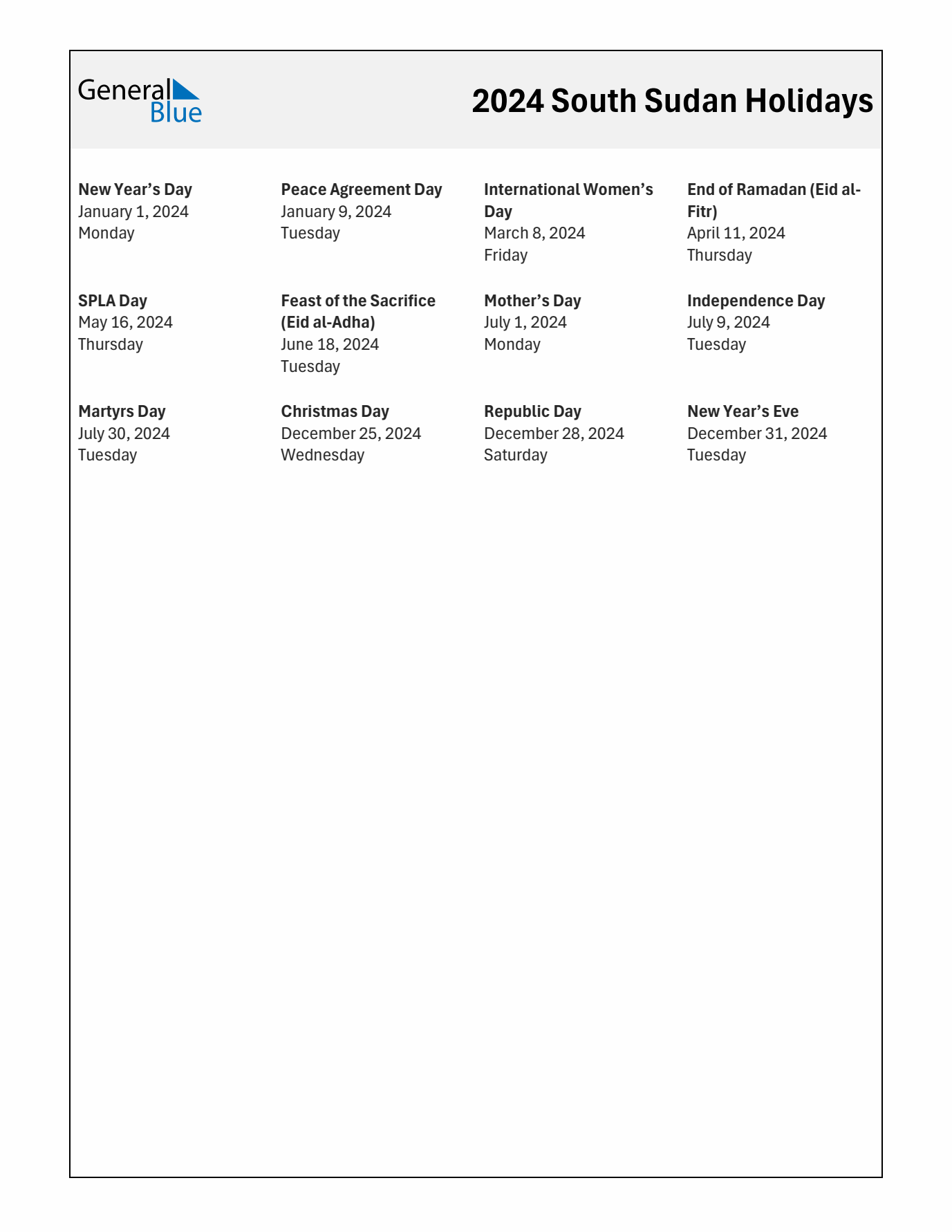 Free printable list of South Sudan holidays for year 2024