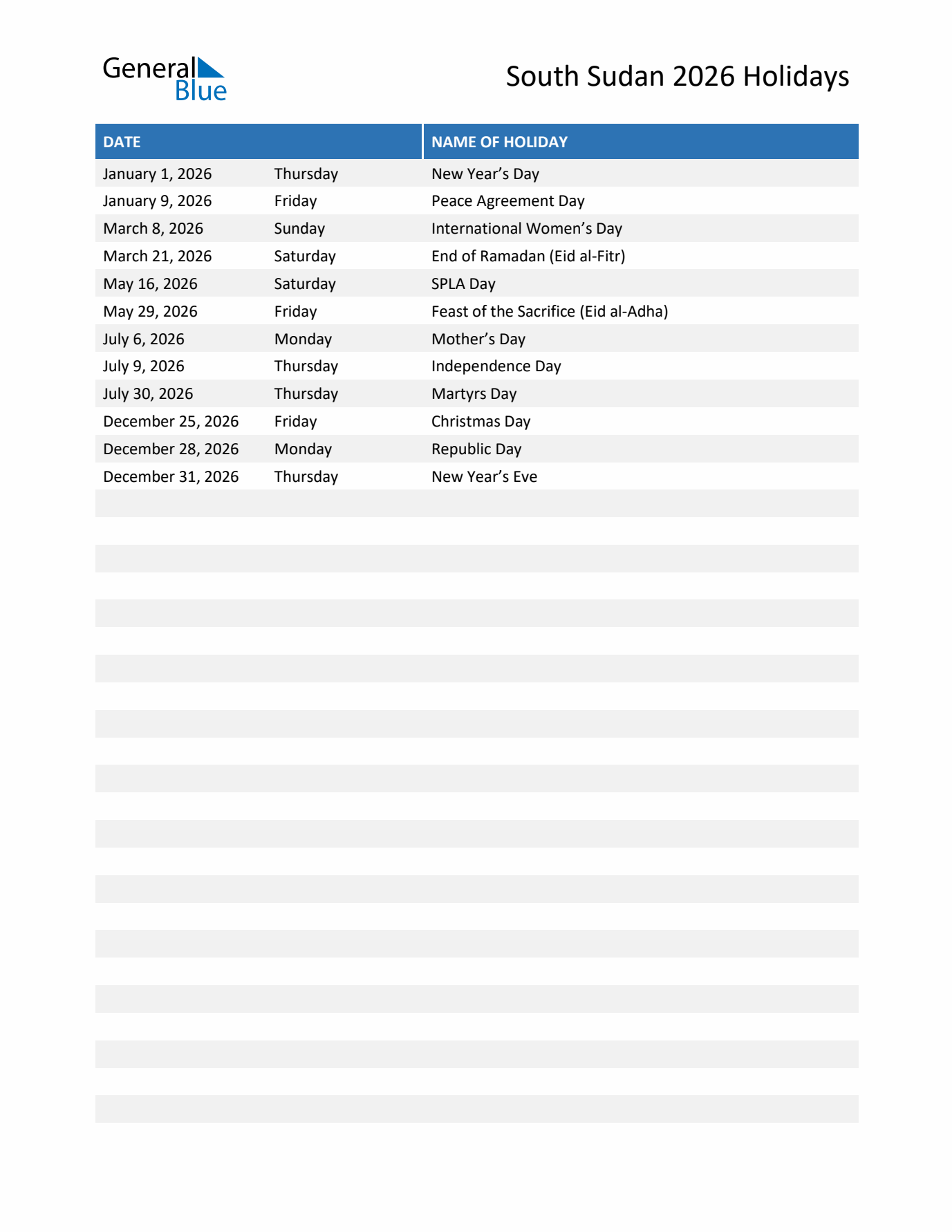 Free printable list of South Sudan holidays for year 2026