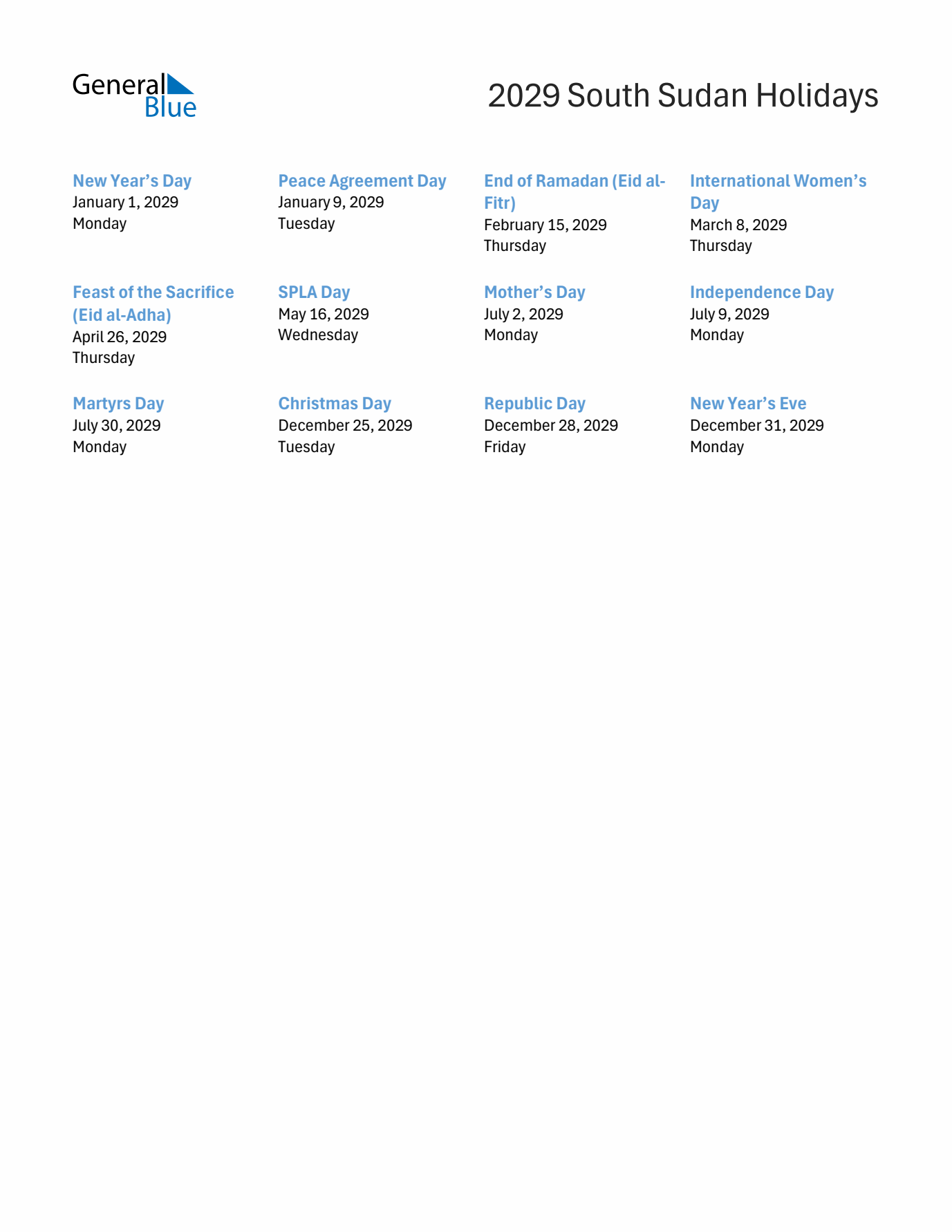 Free printable list of South Sudan holidays for year 2029
