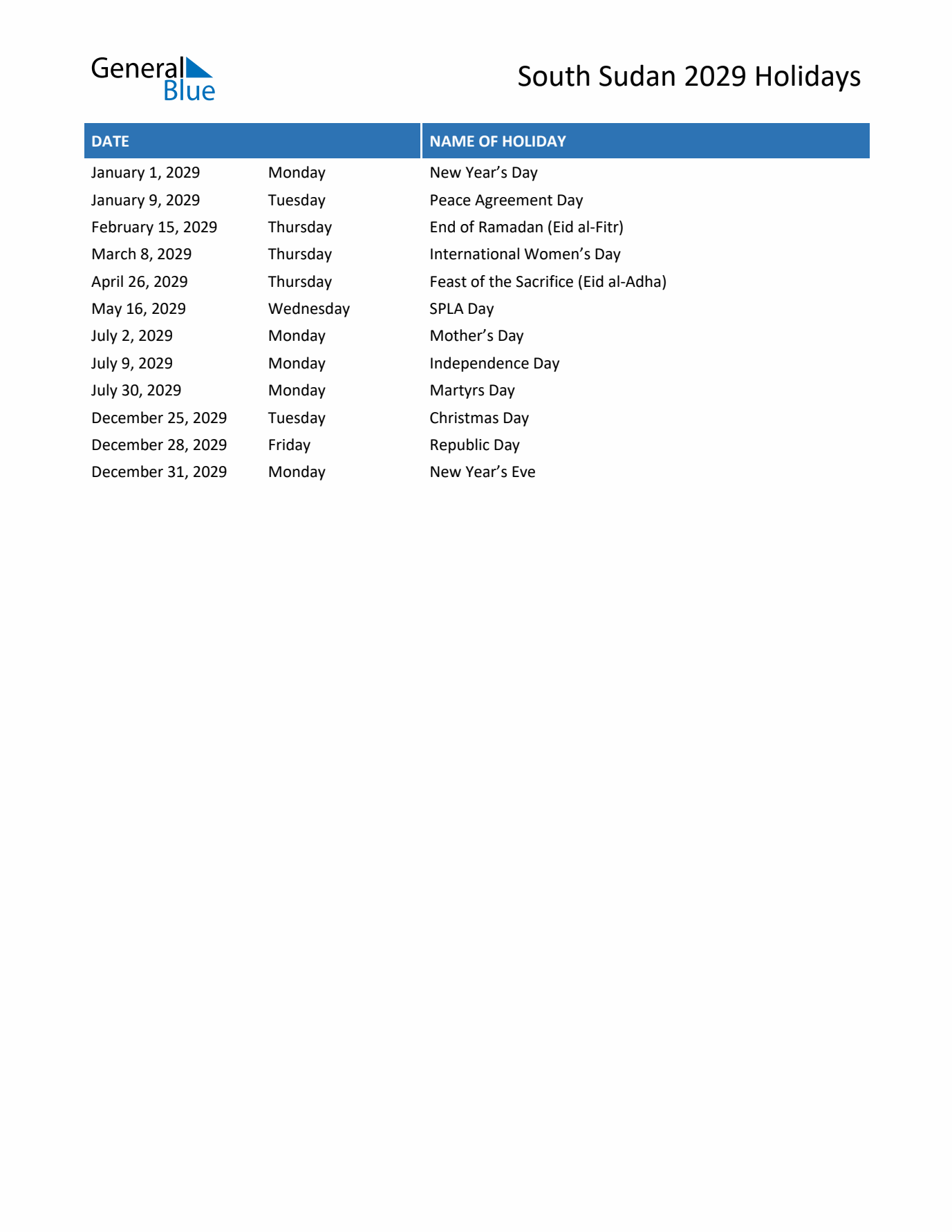 Free printable list of South Sudan holidays for year 2029