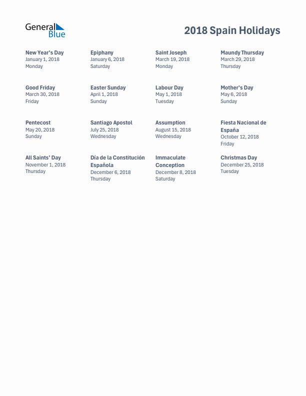 Free printable list of Spain holidays for year 2018