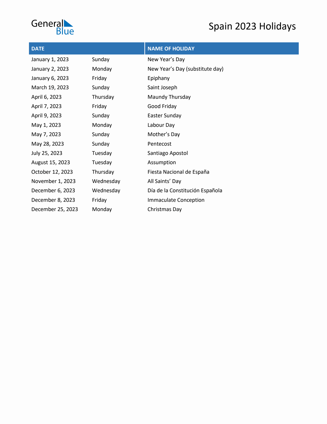 2023 Spain List of Holidays in PDF, Word, and Excel