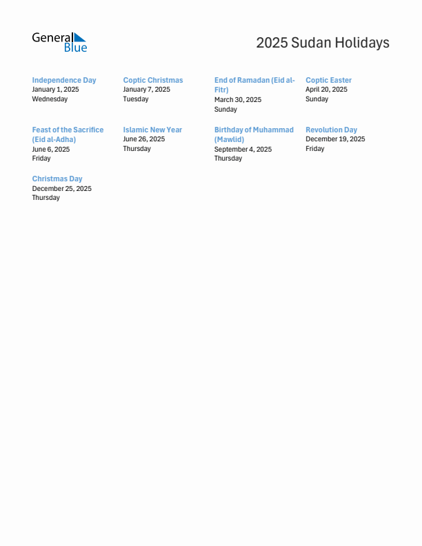 Free printable list of Sudan holidays for year 2025