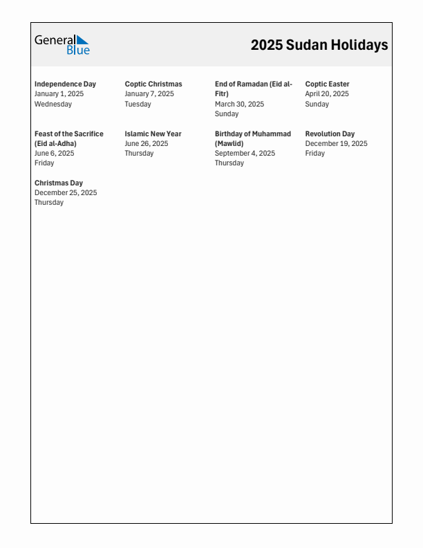 Free printable list of Sudan holidays for year 2025