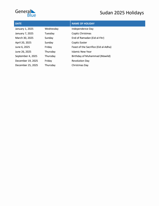 Free printable list of Sudan holidays for year 2025