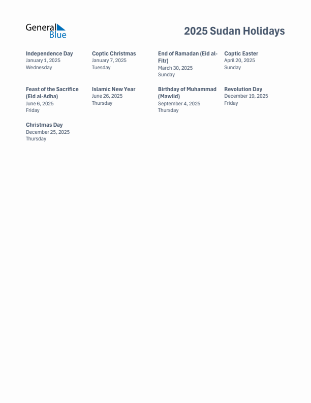 Free printable list of Sudan holidays for year 2025