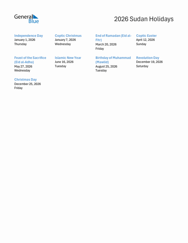 Free printable list of Sudan holidays for year 2026