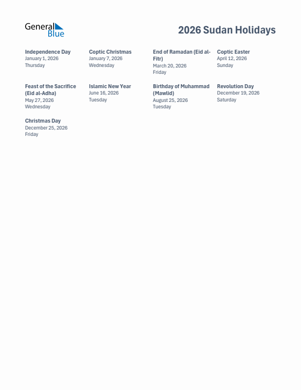 Free printable list of Sudan holidays for year 2026