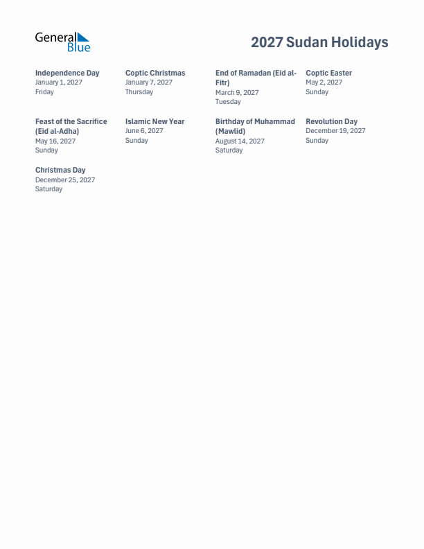 Free printable list of Sudan holidays for year 2027