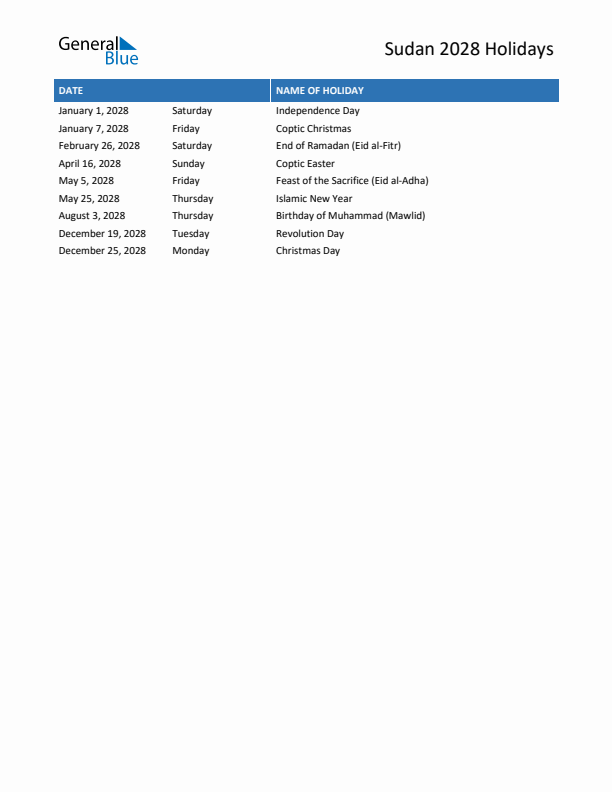 Free printable list of Sudan holidays for year 2028