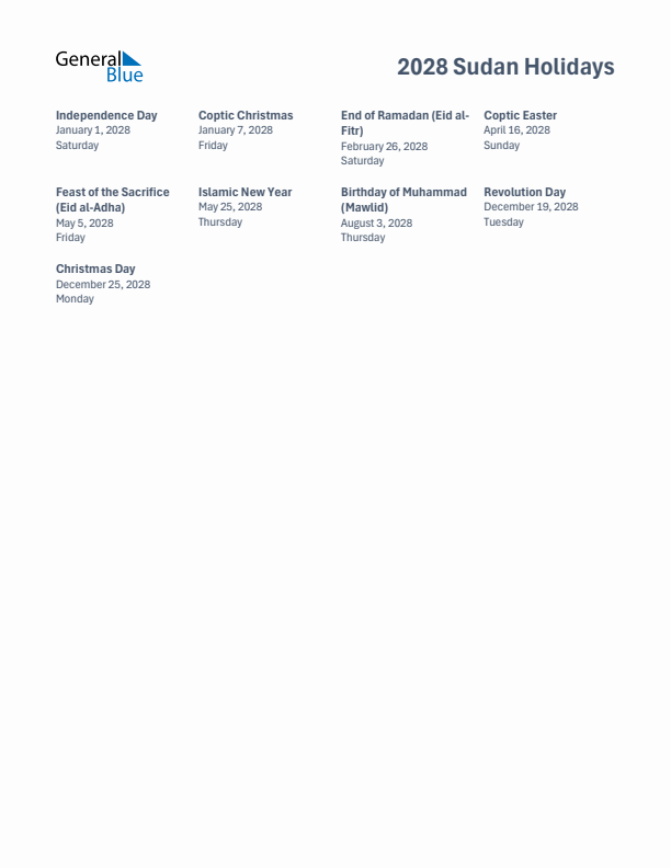 Free printable list of Sudan holidays for year 2028