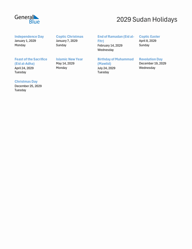 Free printable list of Sudan holidays for year 2029