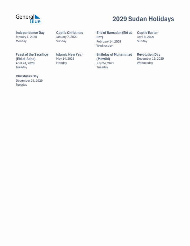 Free printable list of Sudan holidays for year 2029